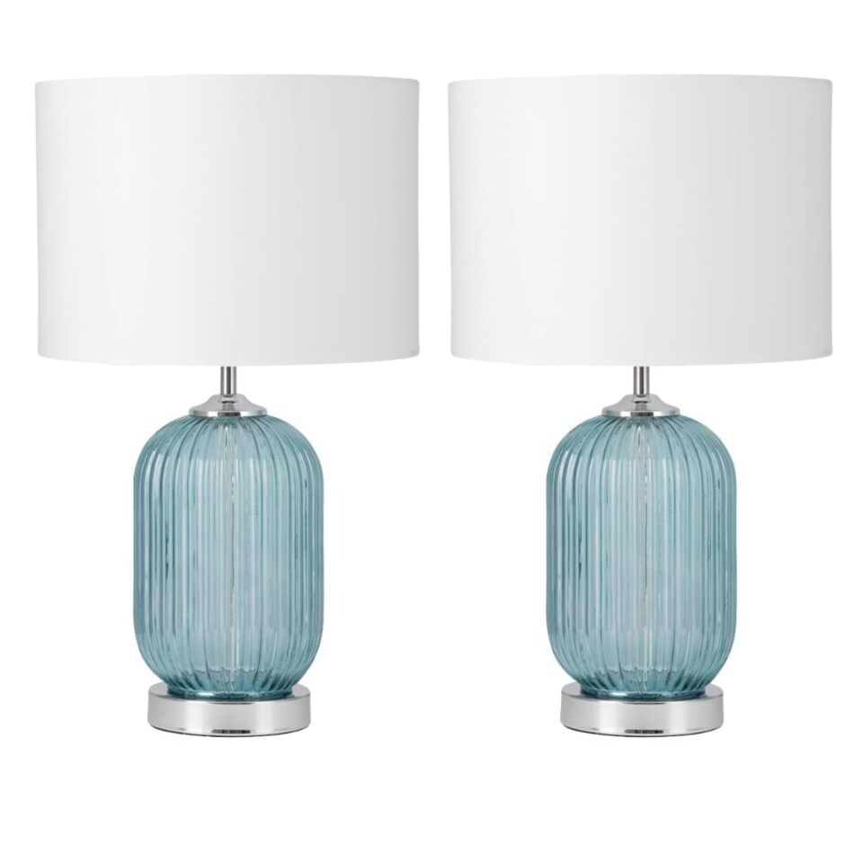 image 1 of First Choice Lighting Set of 2 Turquoise Ribbed Glass Lamps with White Shades Chrome | White