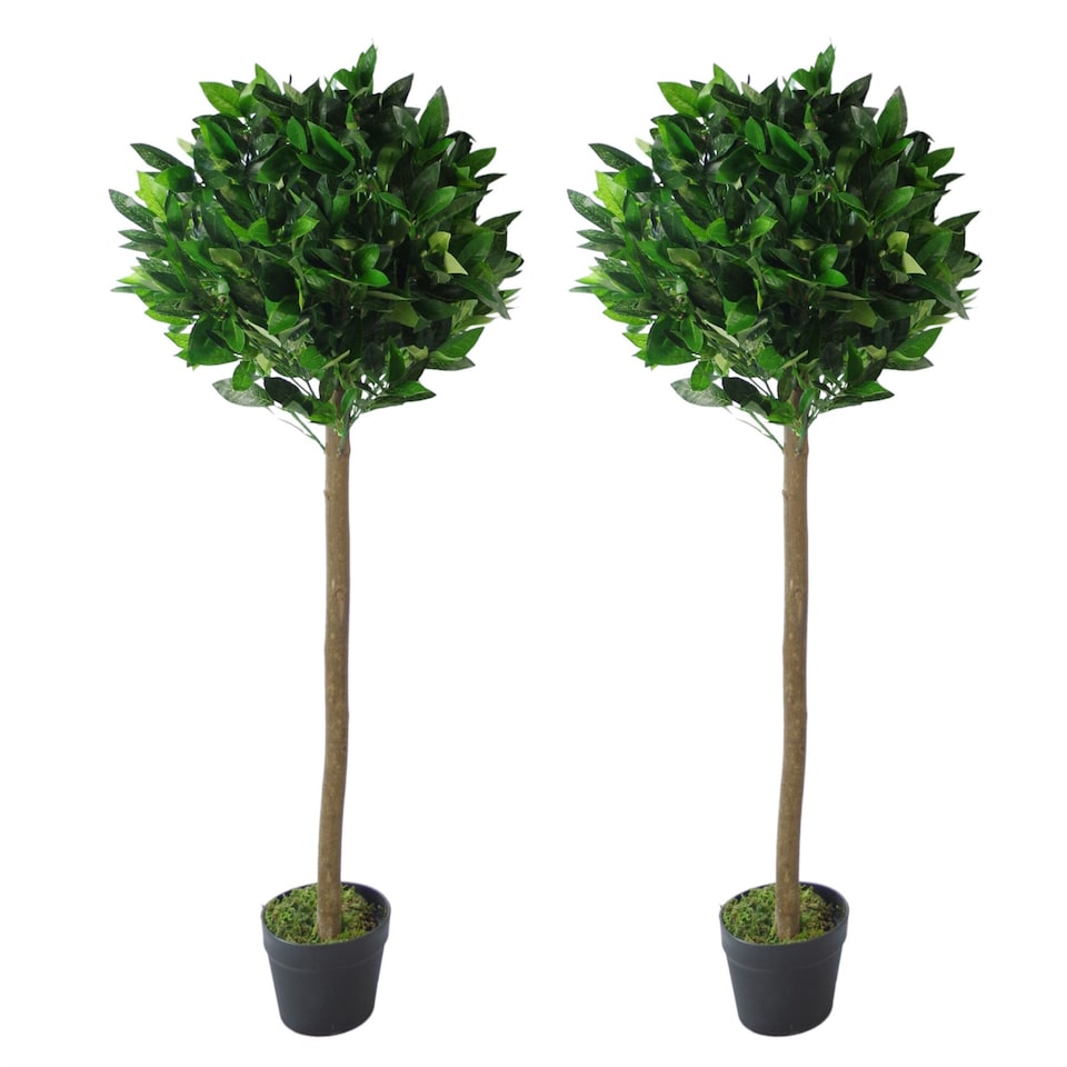 120cm Leaf Design UK Pair of Artificial Bay Topiary Ball Trees | Green | 4ft