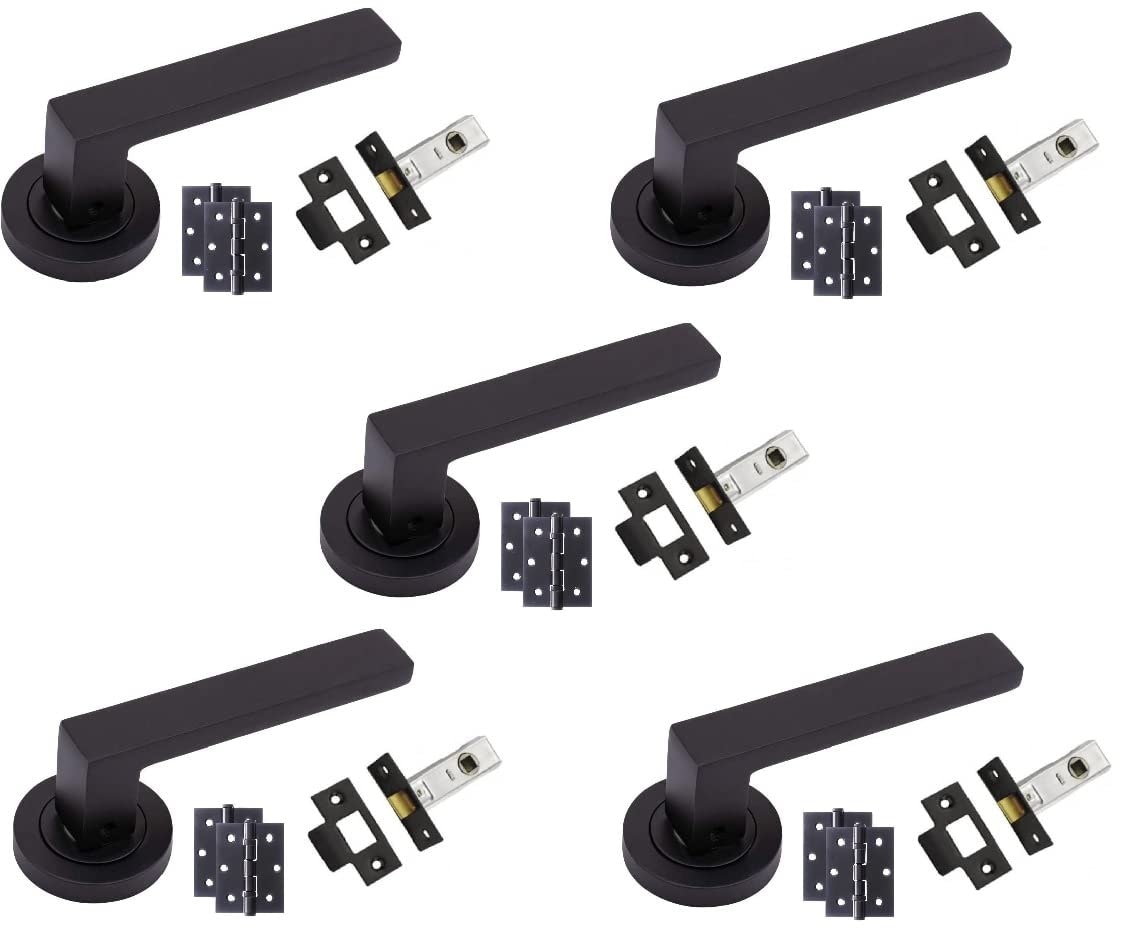Golden Grace 5 Sets Delta Door Handles on Round Rose in Stunning Matt Black Finish with 1 Pair of 3" Ball Bearing Hinges and 45mm Black Tubular Latch