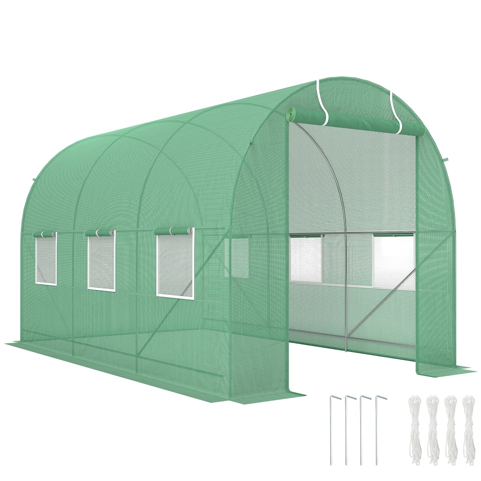 image 1 of Outsunny 3.5 x 2m Walk-In Polytunnel Greenhouse with Roll Up Door Windows Green