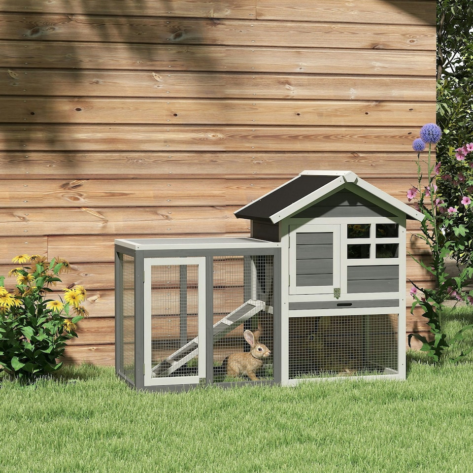 image 1 of PawHut Rabbit Hutch, Bunny Cage Outdoor Wooden House w/Tray & Ramp, Grey