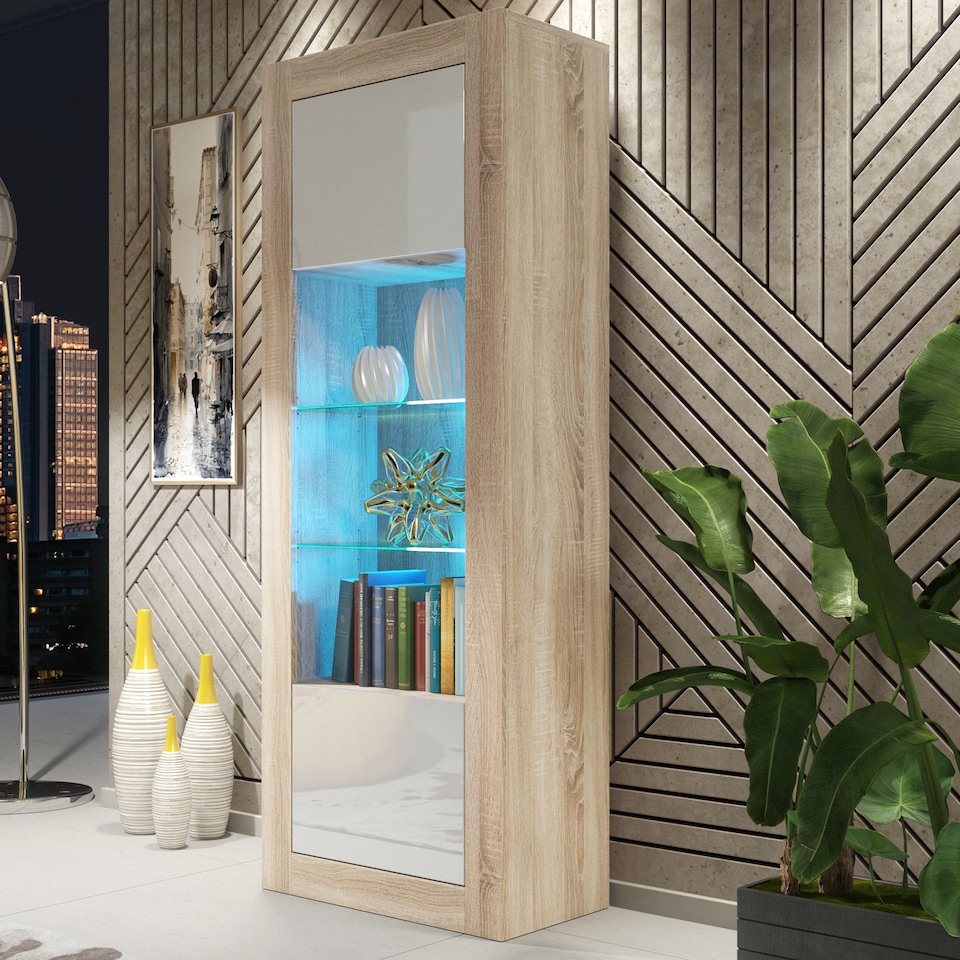 image 1 of Display Cabinet Bookcase Sideboard Storage Cabinet Cupboard Oak White High Gloss LED 170cm