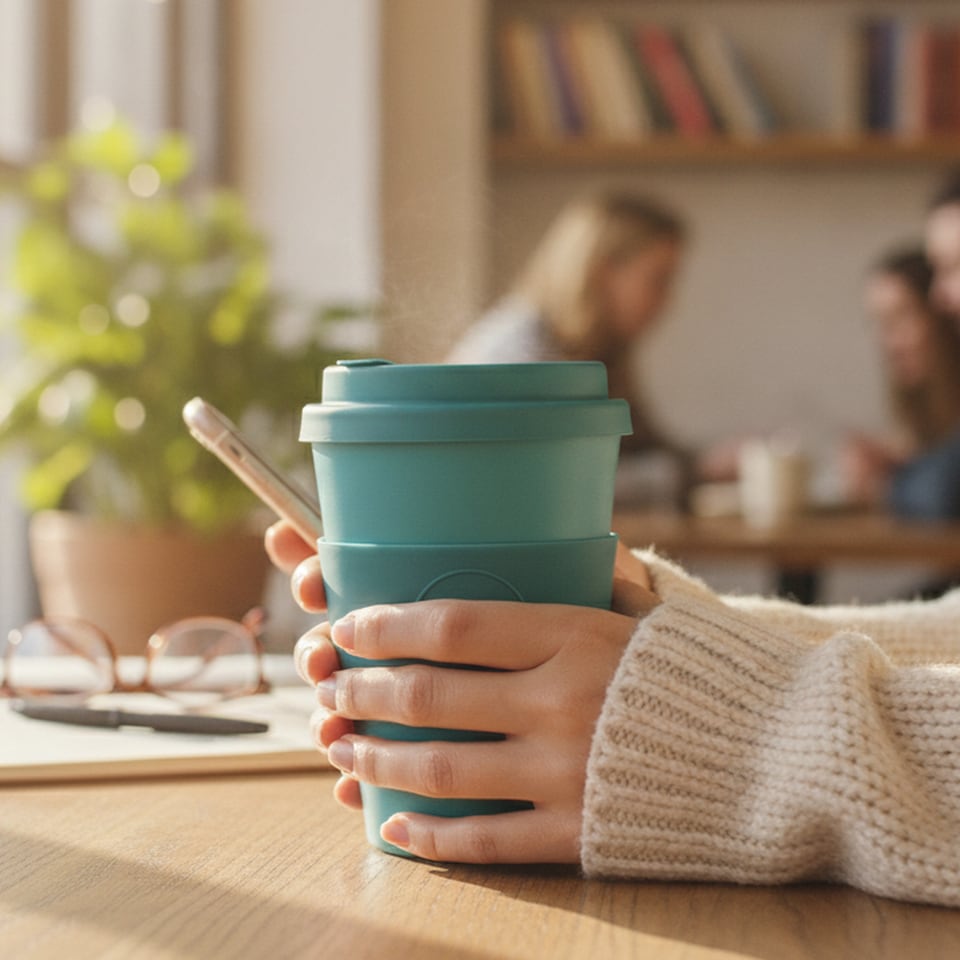 image 1 of Ecoffee Cup 12oz 350ml Reusable, Plant Based Coffee Cup with Silicone Lid & Sleeve - Bay of Fires