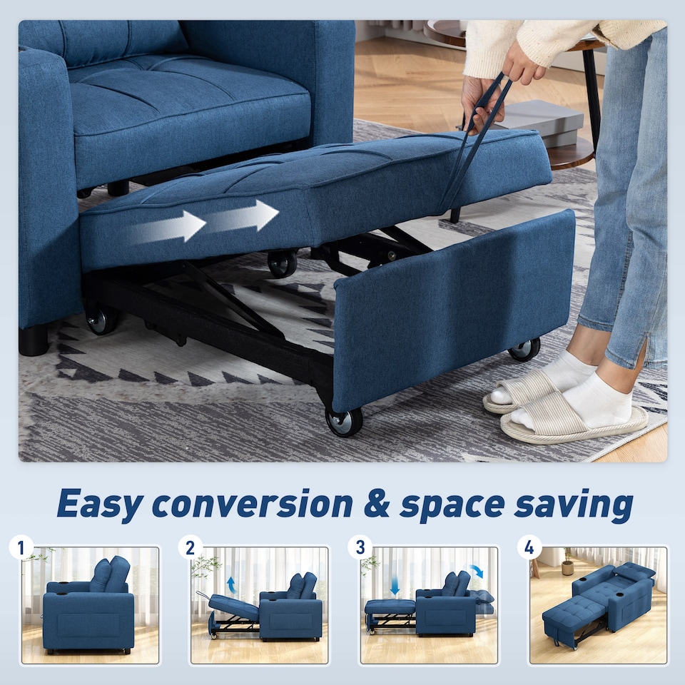 image 1 of HOMCOM 3-in-1 Single Sofa Bed, Convertible Sleeper Chair with Adjustable Backrest, Fabric Pull Out Chair Bed with Pillow, Side Pockets and Cup Holders for Living Room, Bedroom, Dark Blue | Blue