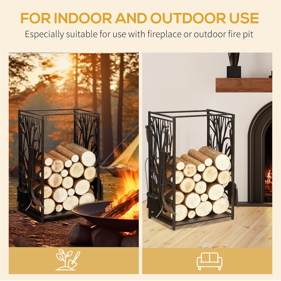 image 1 of HOMCOM Steel Firewood Log Holder Indoor Outdoor Firewood Rack Fireplace Wood Storage Shelf with 4 Tools, Hooks, Tree Pattern Design, RustResistant, Black, 46W x 30D x 70H cm