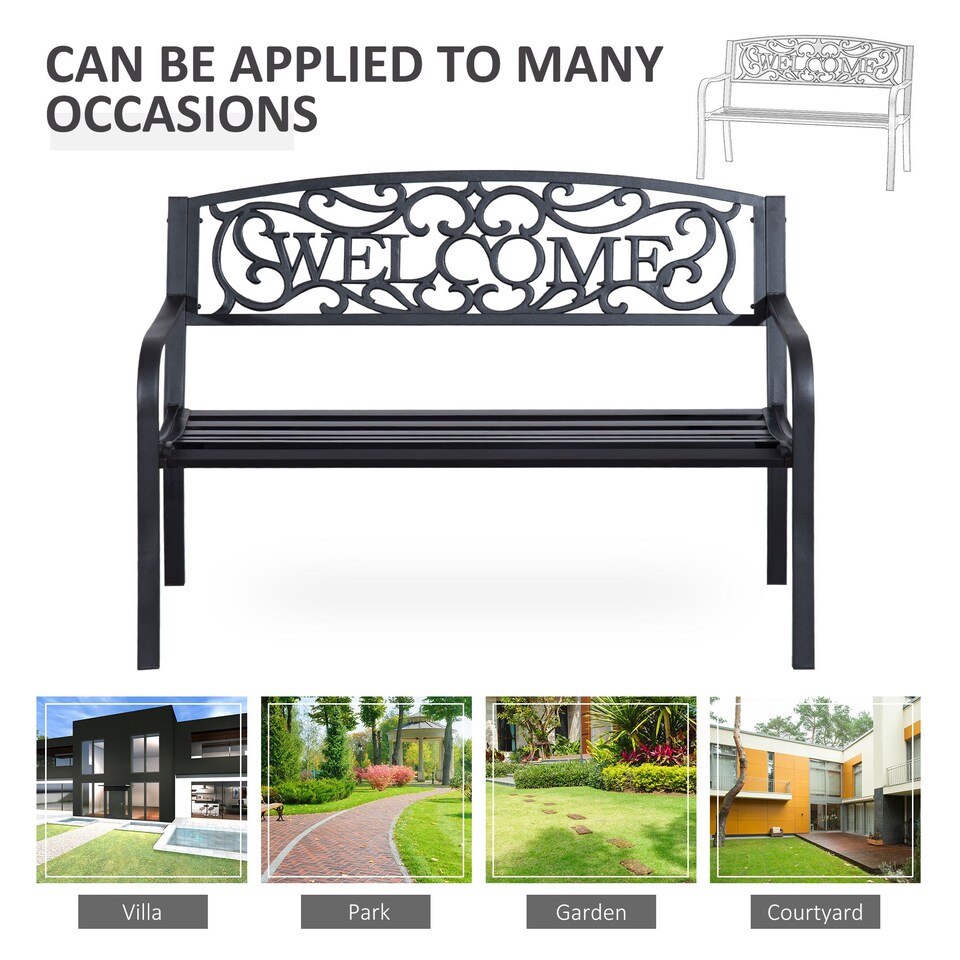 image 1 of Outsunny Garden Bench, Metal Outdoor Bench Seat, 2 Seater Patio Loveseat with Welcome Backrest, Armrests and Slatted Seat, 240 KG Capacity for Park, Porch, Black