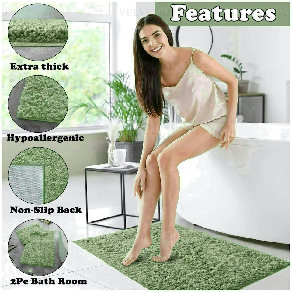 image 1 of VELVETIO Bath Mats & Pedestal Mat Set Anti Slip Super Soft Water Absorbent Green | Sage Green