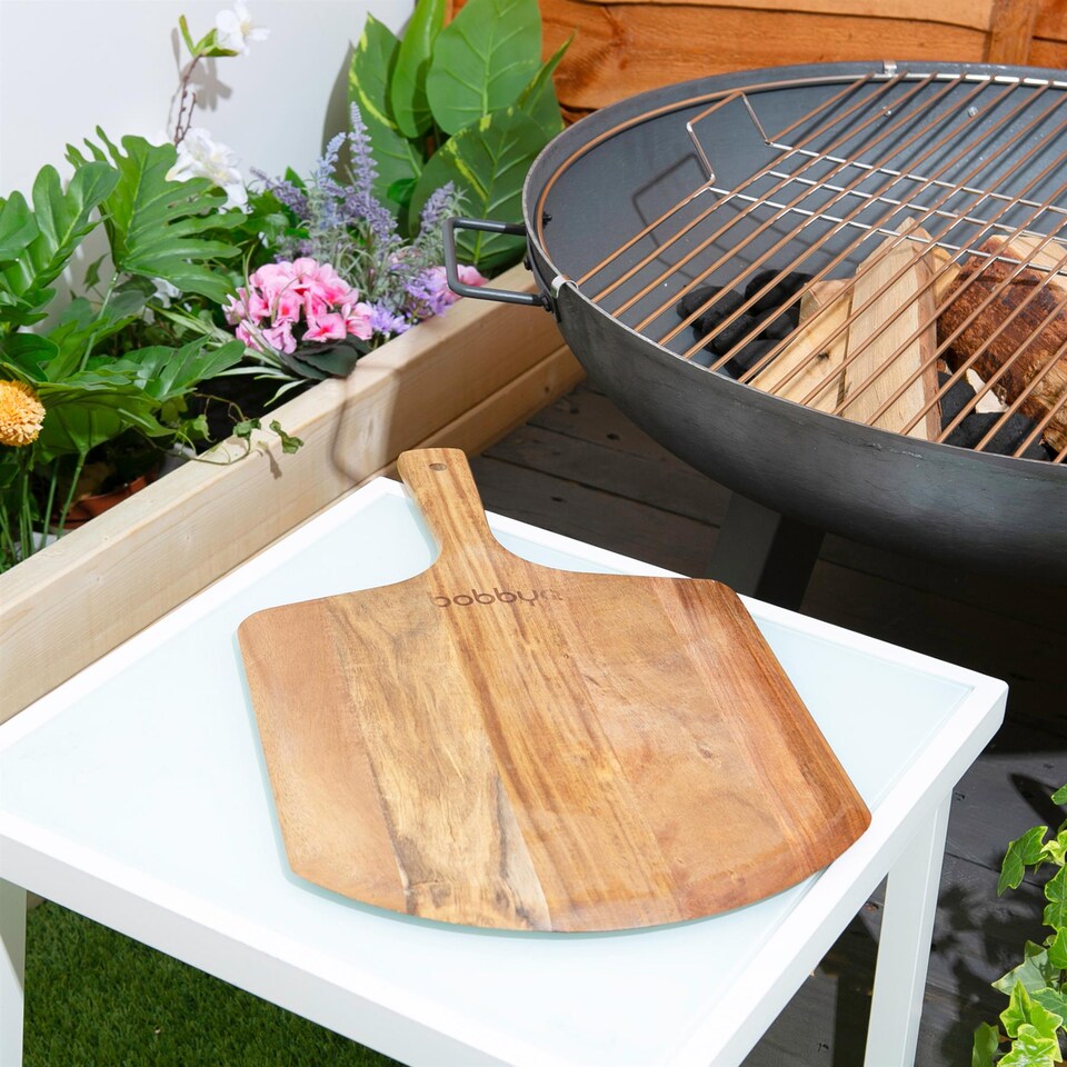 image 1 of BobbyQ 30cm Wooden Pizza Peel - Large Food Board Serving Transfer Platter with Paddle Handle