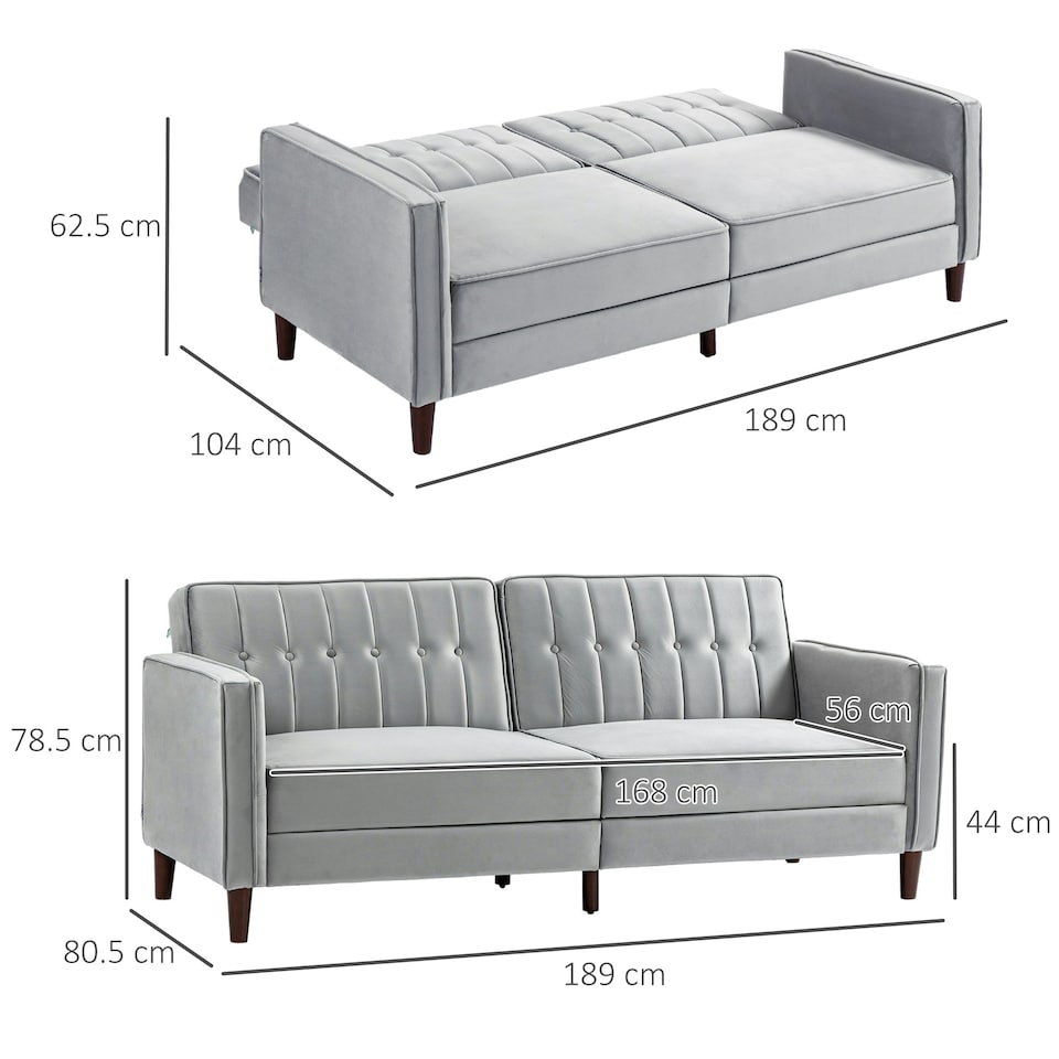image 1 of HOMCOM Convertible Sofa Futon Velvet-Touch Tufted Couch Sofa Bed Grey