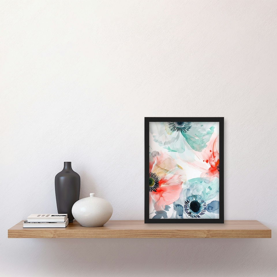 image 1 of Poppy Flowers Teal Red Light Watercolour Home Decor Black Framed Wall Art Print A4
