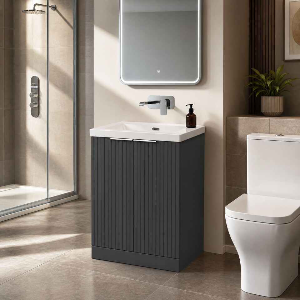 image 1 of Balterley Callingwood Contemporary Floor Standing 2 Door Vanity Unit with 0 Tap Hole Fireclay Basin , 600mm, Dark Grey