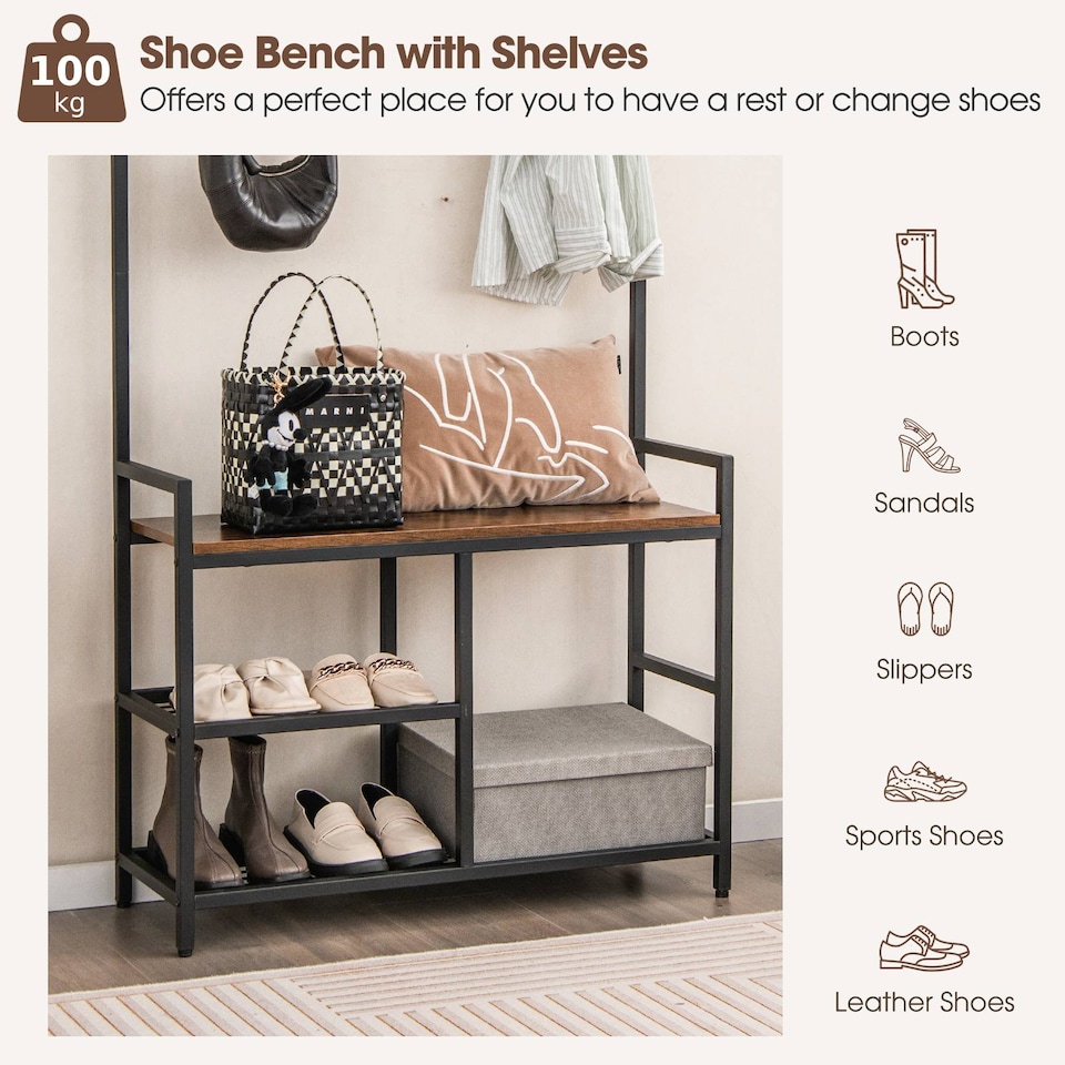 image 1 of COSTWAY 3 in 1 Coat Rack Hall Tree with Shoe Bench   Shoe Storage Coffee
