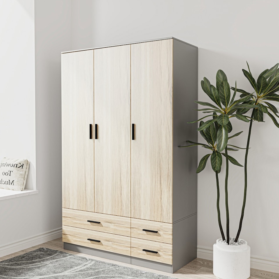 image 1 of 3 Door 4 Drawer Wardrobe With Hanging Rail And Storage Shelf | Grey | Grey Carcass & Oak Door | 1
