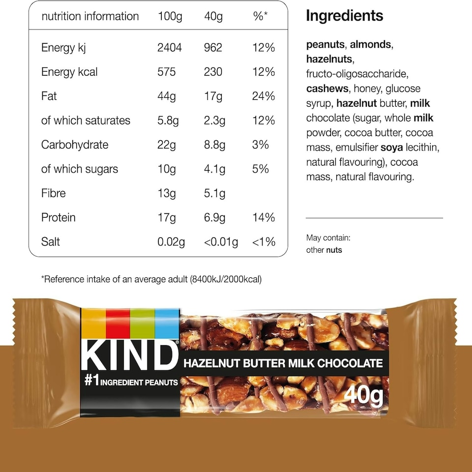 image 1 of Kind Bars, Hazelnut Butter Milk Chocolate, Healthy Snack, Gluten Free Snack Bars, No Artificial Colours, Flavours or Preservatives, Multipack 24 x 40g