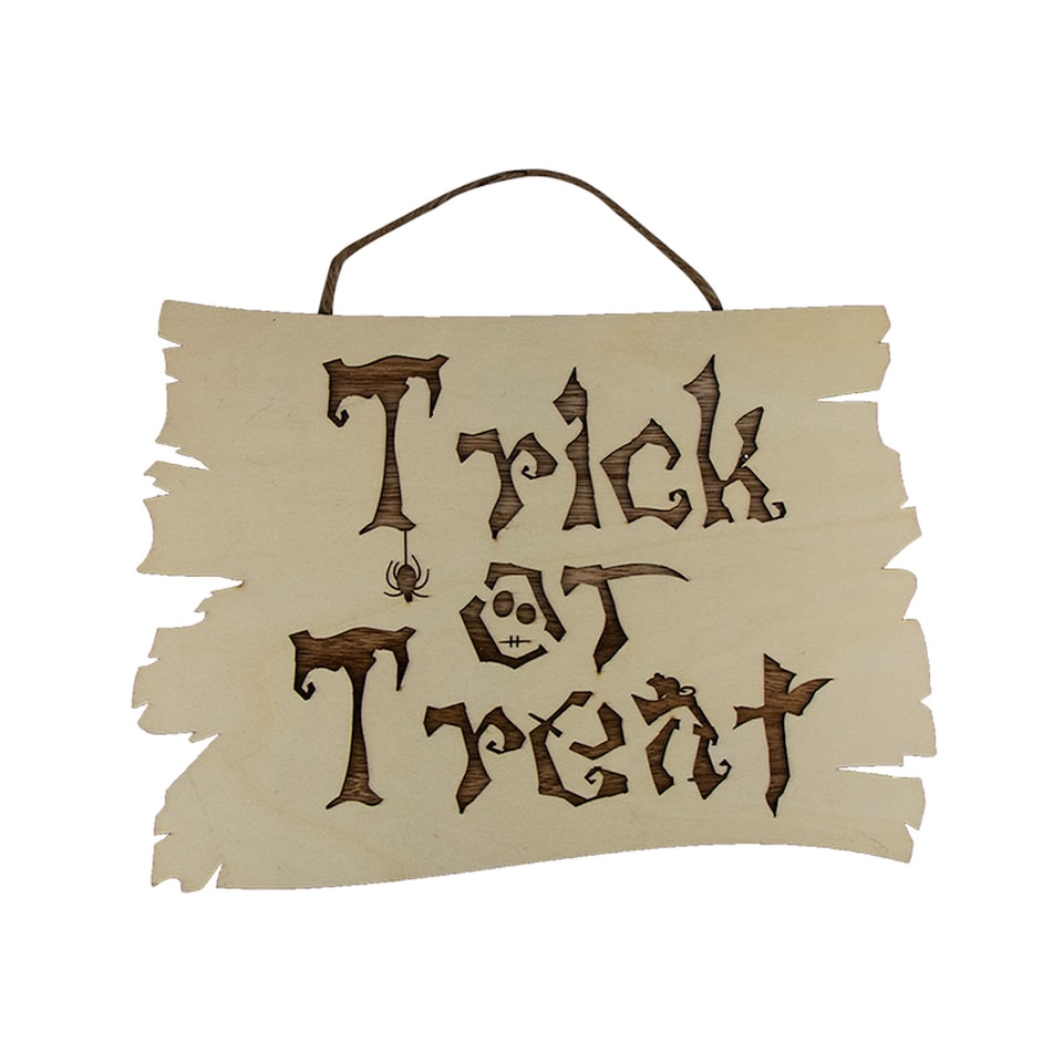 Halloween Trick or Treat Wooden Hanging Sign | Spooky Door Plaque Decoration with Jute Rope | Engraved Wooden Halloween Wall Sign for Front Door, Porch & Party Decor