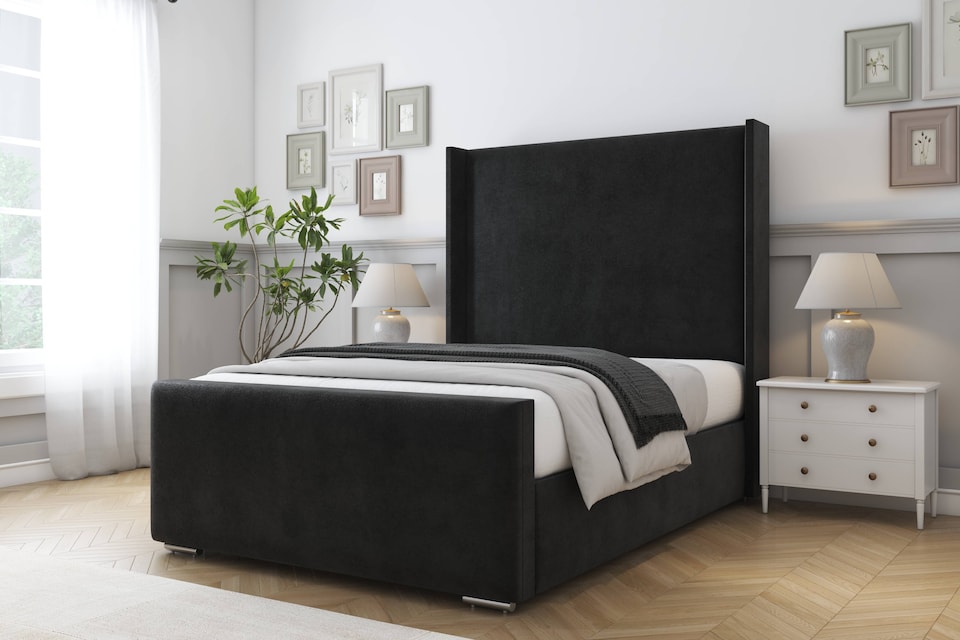 image 1 of Sloomy Devonshire Black Plush Bed Frame With Mattress With 50"  Upholstered Wingback Headboard 2'6 Small Single