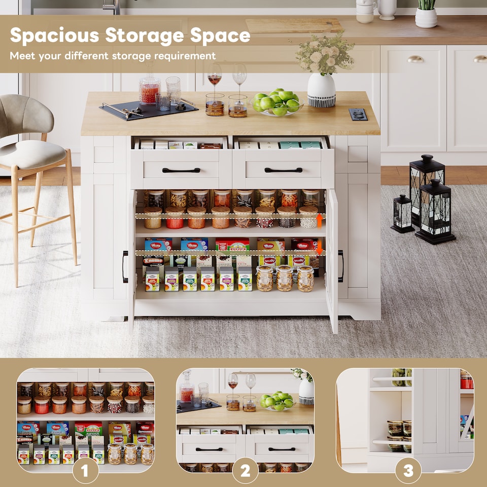image 1 of VILUXE Mobile Kitchen Island with Foldable Worktop, 2 AC Sockets, 2 USB Ports, Glass Doors, Adjustable Shelves and Lockable Wheels, White and Natural