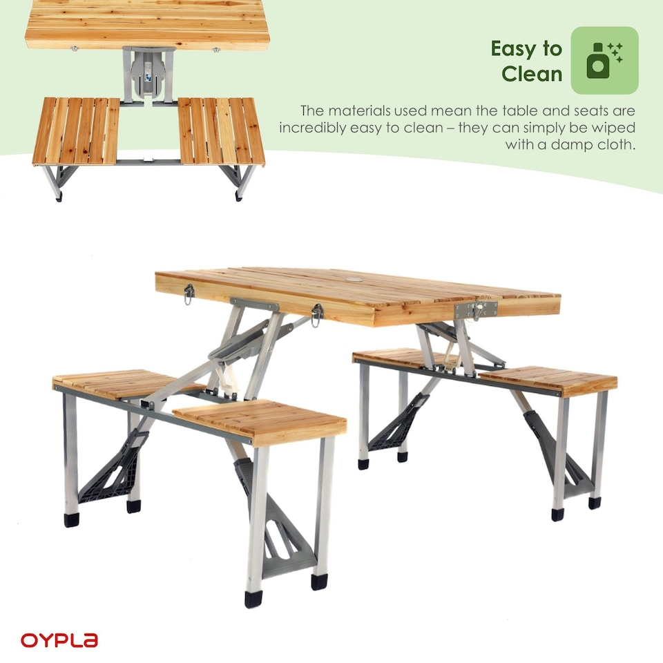 image 1 of Oypla Portable Wooden Folding Outdoor Picnic Table and Bench Set 4 Seats Brown