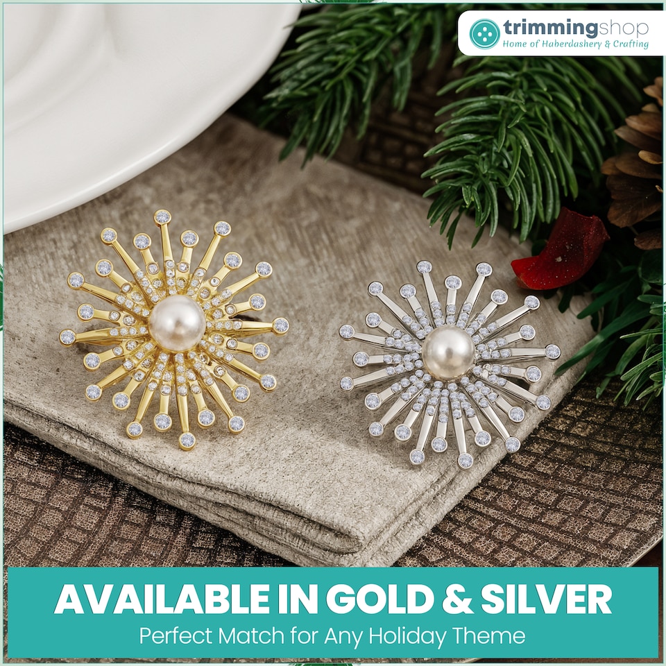 image 1 of 1pc Sunburst Motif Pearl Napkin Rings with Diamante Rhinestones