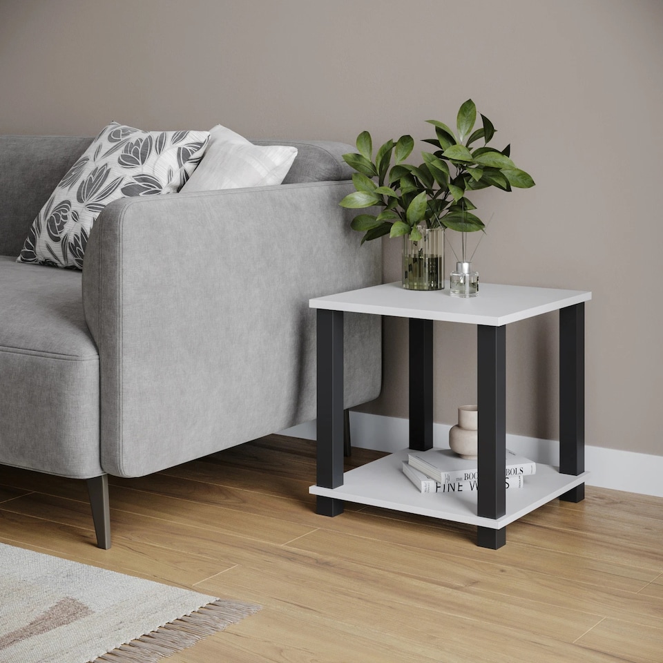 image 1 of Sandra 2 Tier S-Tube End Table Small Wood Bedside Nightstand With Storage Shelf | Multi | White with Black Legs