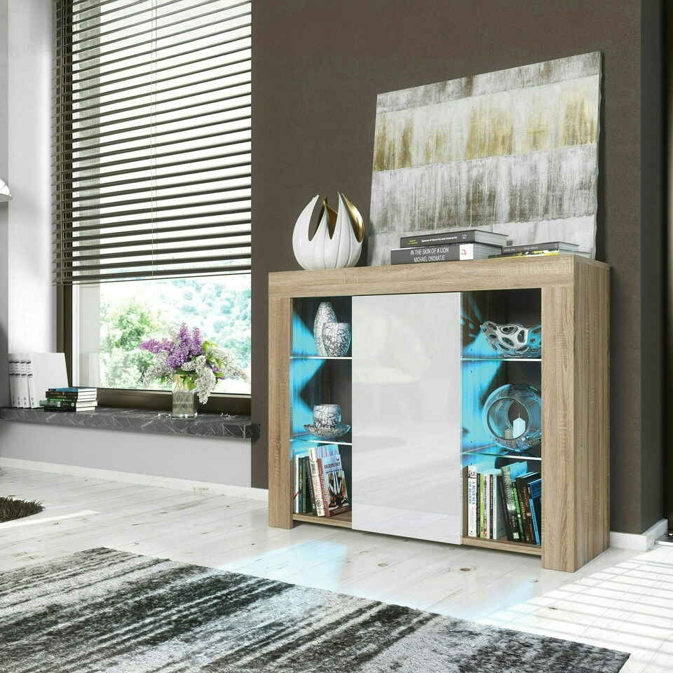 image 1 of Sideboard 97.5cm White Gloss Door Oak Matt Body Glass Shelves Free LED Multi | Oak & White