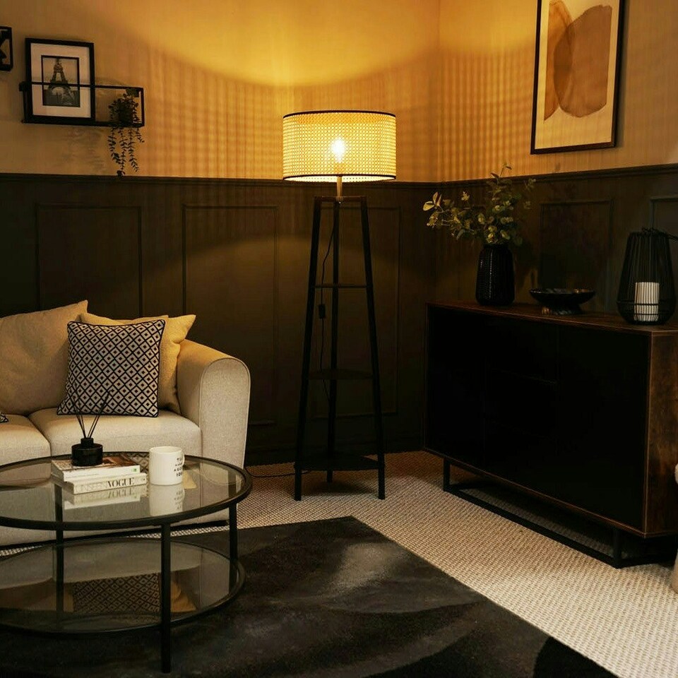 image 1 of ValueLights Hiru Black 3 Tier Shelf Floor Lamp Wicker Shade