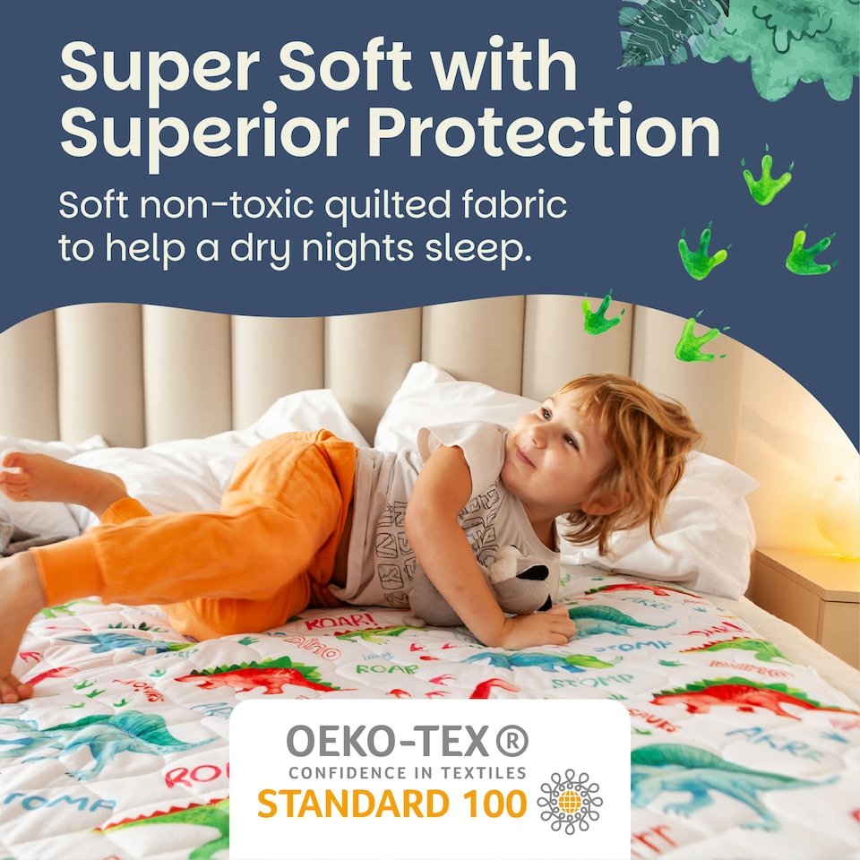 image 1 of Toddler Potty Training Bed Pads - Non-Slip - Soft Waterproof Bedwetting Pee Protector Mat for Kids - Multi-Layer, Washable, Absorbs Up to 2000ml - 90 x 85cm White | Dinosaur | Single
