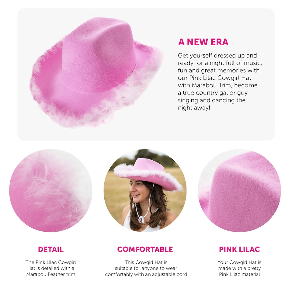 image 1 of Lilac Pink Cowboy Hat with Marabou – Fancy Dress Accessory Pink | One Size