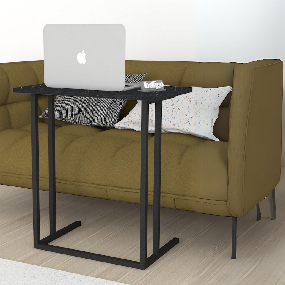 image 1 of Wood Laptop Table, Home Office Portable Computer Stand C-Shape With Metal Legs | Black | Black Marble