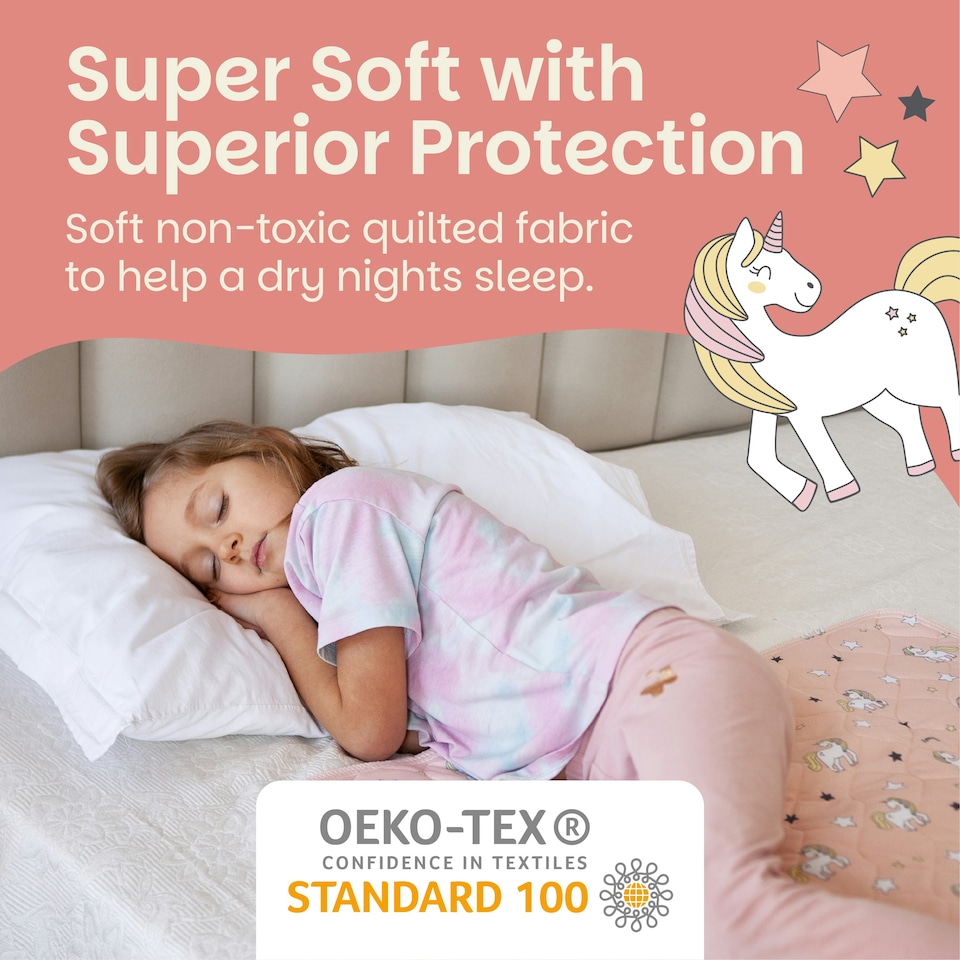 image 1 of Toddler Potty Training Bed Pads - Non-Slip - Soft Waterproof Bedwetting Pee Protector Mat for Kids - Multi-Layer, Washable, Absorbs Up to 2000ml - 90 x 85cm Pink | Unicorn | Single