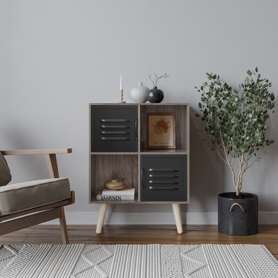 image 1 of Anthracite Oak 4-Cube Storage Unit with 2 Metal Doors and Legs | Black | Black & Pine | 1
