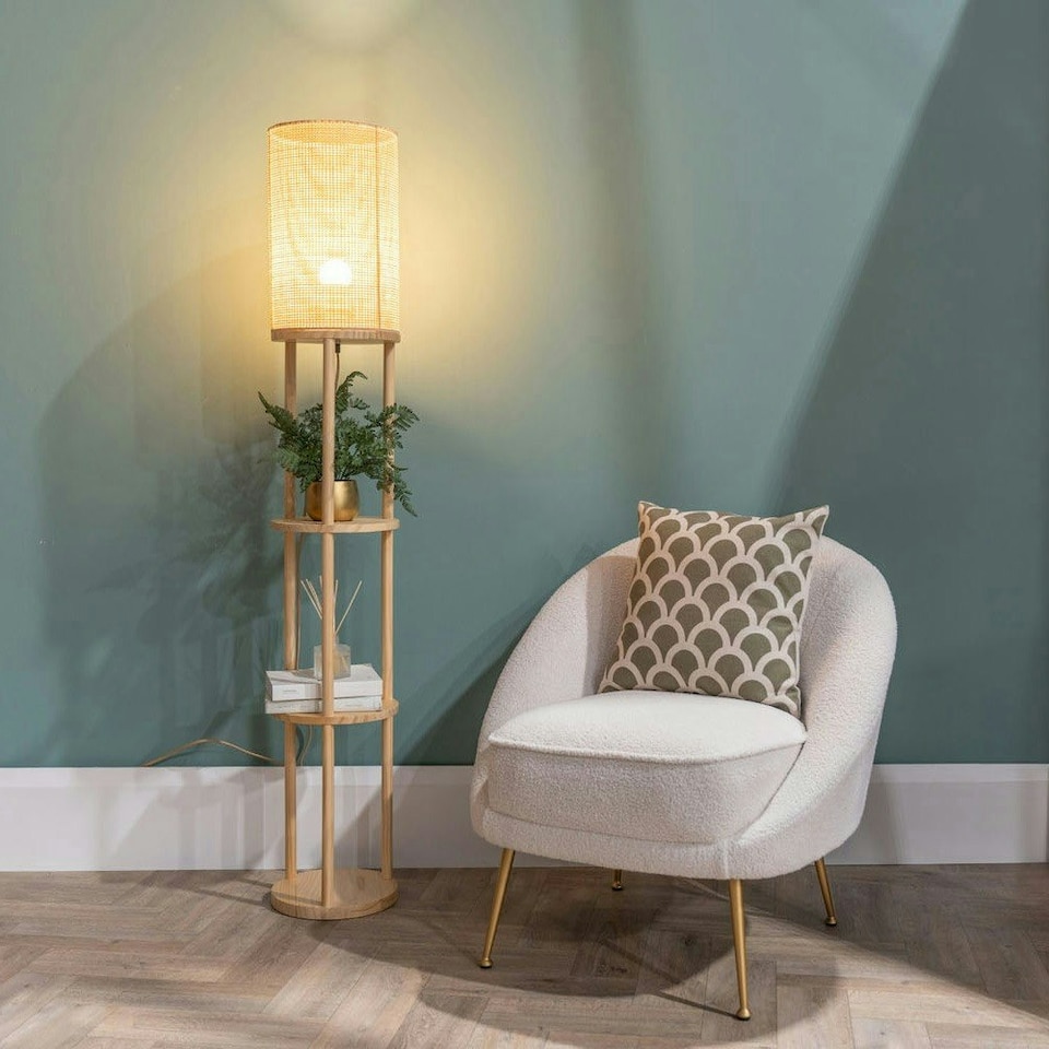 image 1 of ValueLights Elsa Oak Effect Natural Floor Lamp with Natural Drum Shade