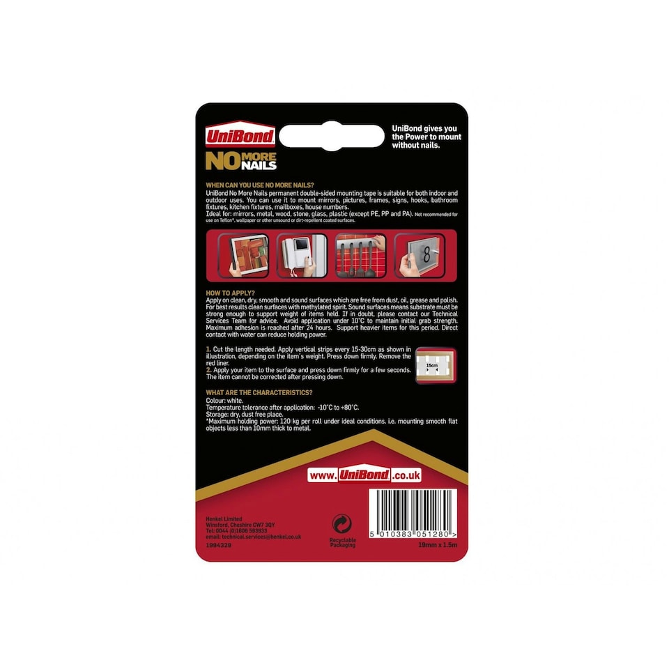 image 1 of Unibond No More Nails Indoor & Outdoor Permanent Mounting Tape Roll 19mm X 1.5m - Multi Colour - One Size