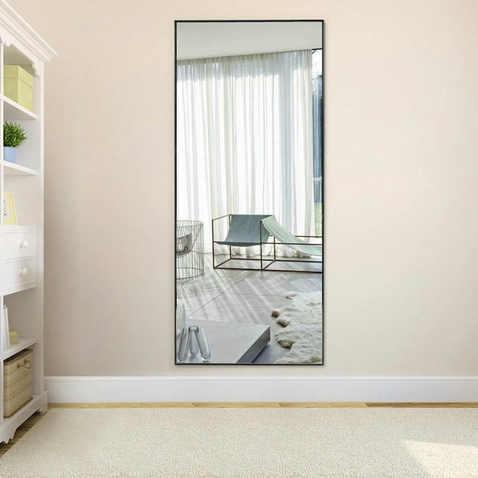 image 1 of Living and Home Modern Slim Frame Full Length Wall Mirror | Black