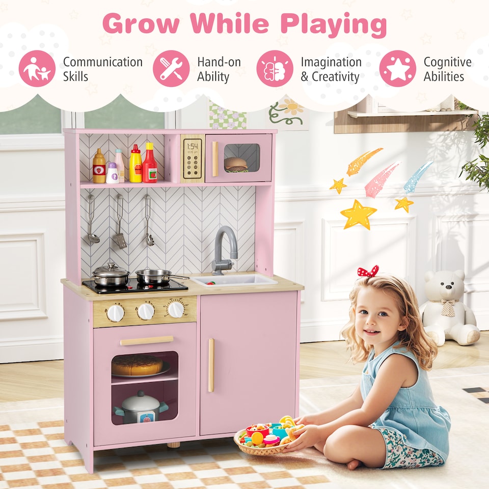 image 1 of COSTWAY Kids Kitchen Playset Pretend Play Kitchen Set with Sounds-Pink
