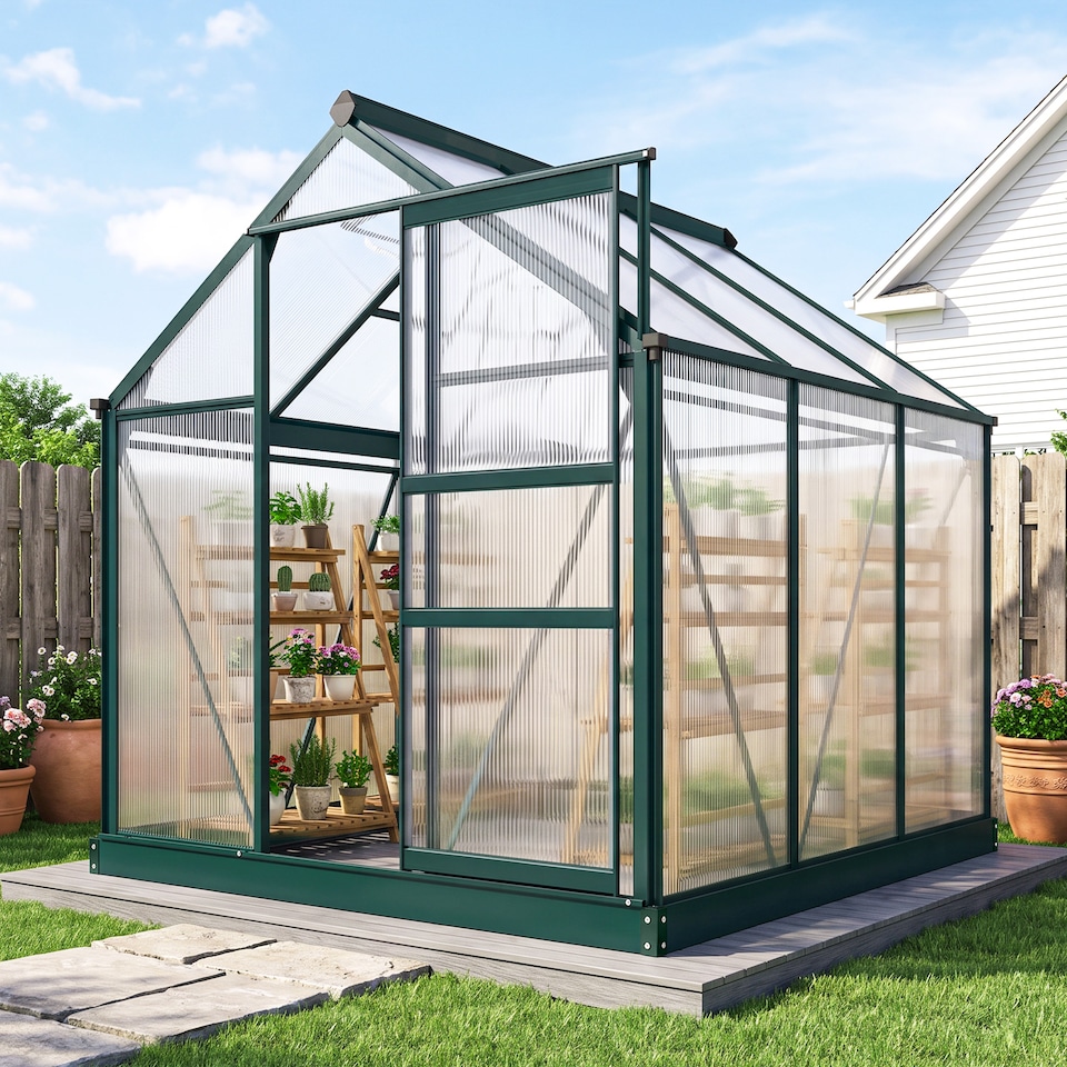 image 1 of Outsunny 6x6ft Walk-In Polycarbonate Greenhouse Plant Grow Galvanized Aluminium | Green