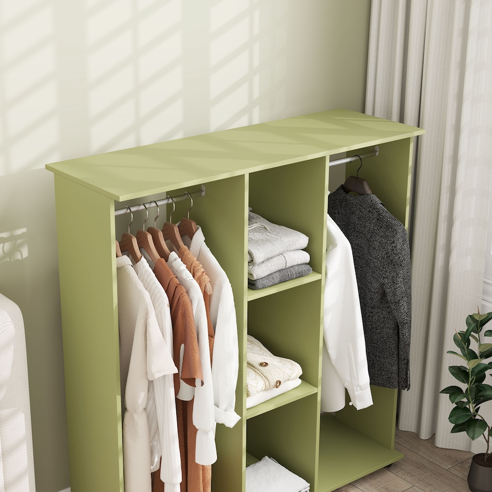 image 1 of HOMCOM Double Open Wardrobe on Wheels, Bedroom Wardrobe with Clothes Hanging Rails, 3 Storage Shelves, Mobile Garment Rack for Cloakroom, Hallway, Green | Green