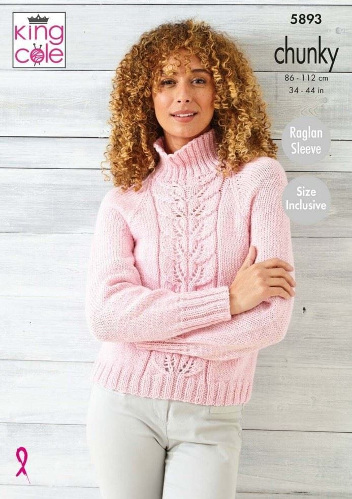 King Cole Wildwood Chunky Knitting Pattern 5893, Sweaters and Cardigans for Women - 34 - 44 Inches