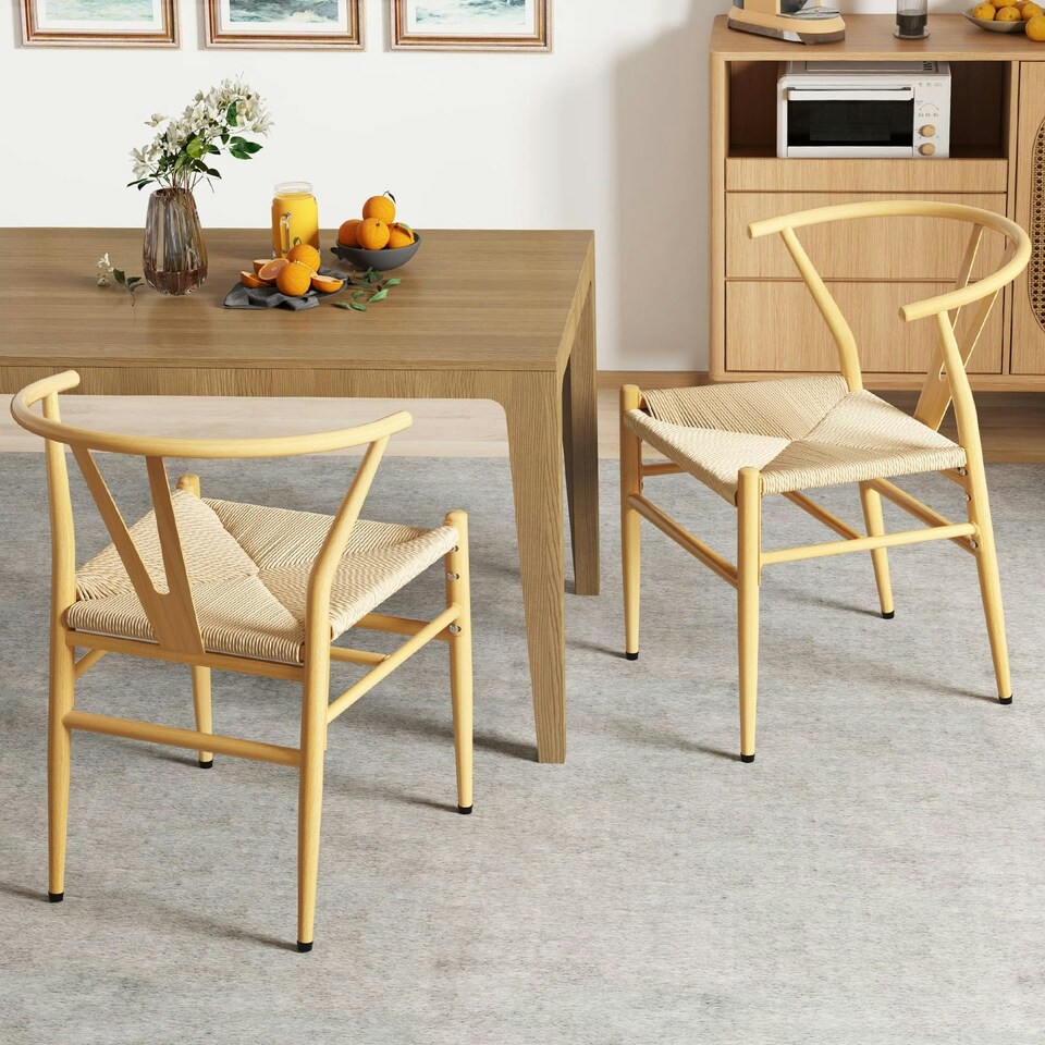image 1 of COSTWAY Dining Chair Set of 2 Modern Weave Armchairs Yellow