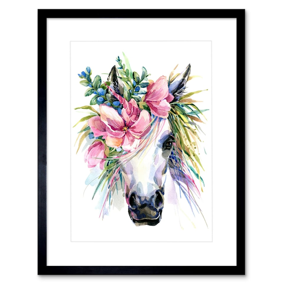image 1 of Unicorn Flower Crown Floral Watercolour Girls Kids Bedroom 9x7" Black Framed Wall Art Print