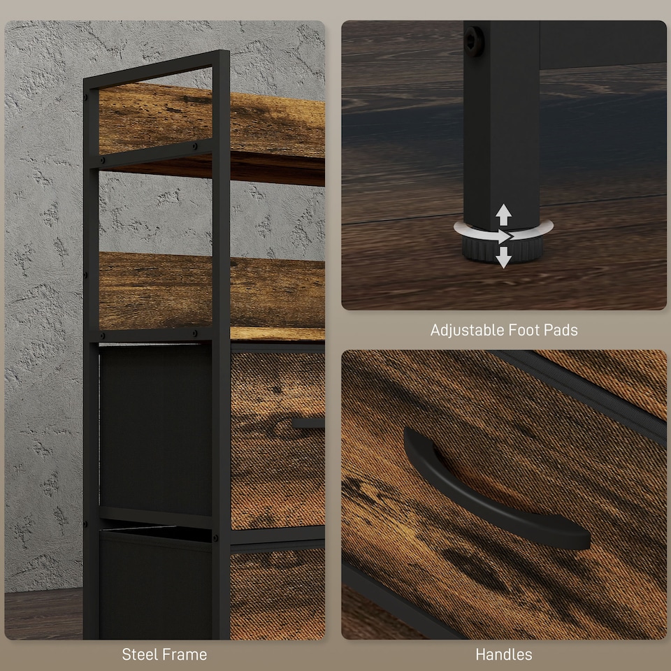 image 1 of HOMCOM Bedroom Chest of Drawers, Fabric Dresser with 5 Drawers, Storage Organiser Unit with Open Shelves and Metal Frame for Living Room, Entryway, Rustic Brown