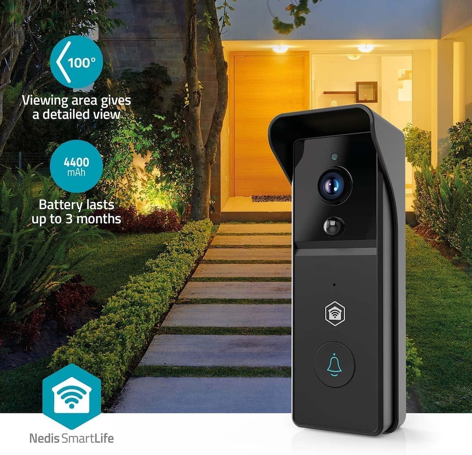 image 1 of NEDIS Smart Wi-Fi Video Doorbell Camera with Chime, 3MP Full HD 1296p, Wireless Battery Powered with Motion Sensor, Night Vision and 2-Way Audio