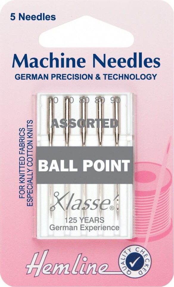 Hemline Ball Point Sewing Machine Needles Assorted Sizes for Dressmaking - per pack of 5