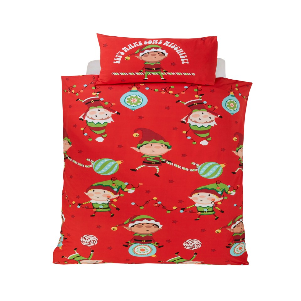 image 1 of Naughty Elves Christmas Polycotton Kids Duvet Cover Set With Pillowcase Red | Single