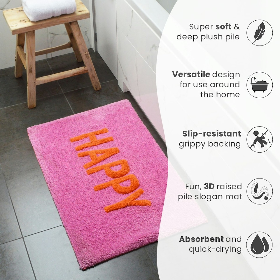 image 1 of Happy Slogan Colourful Bath Mat Non Slip - Soft & Absorbent Pink