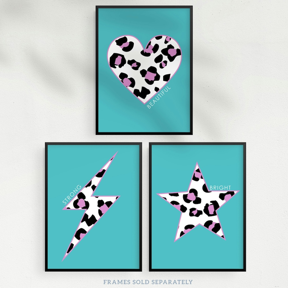 image 1 of Set of 3 Purple Leopard Pattern Heart Lightning Star Turquoise Wall Art Print A4