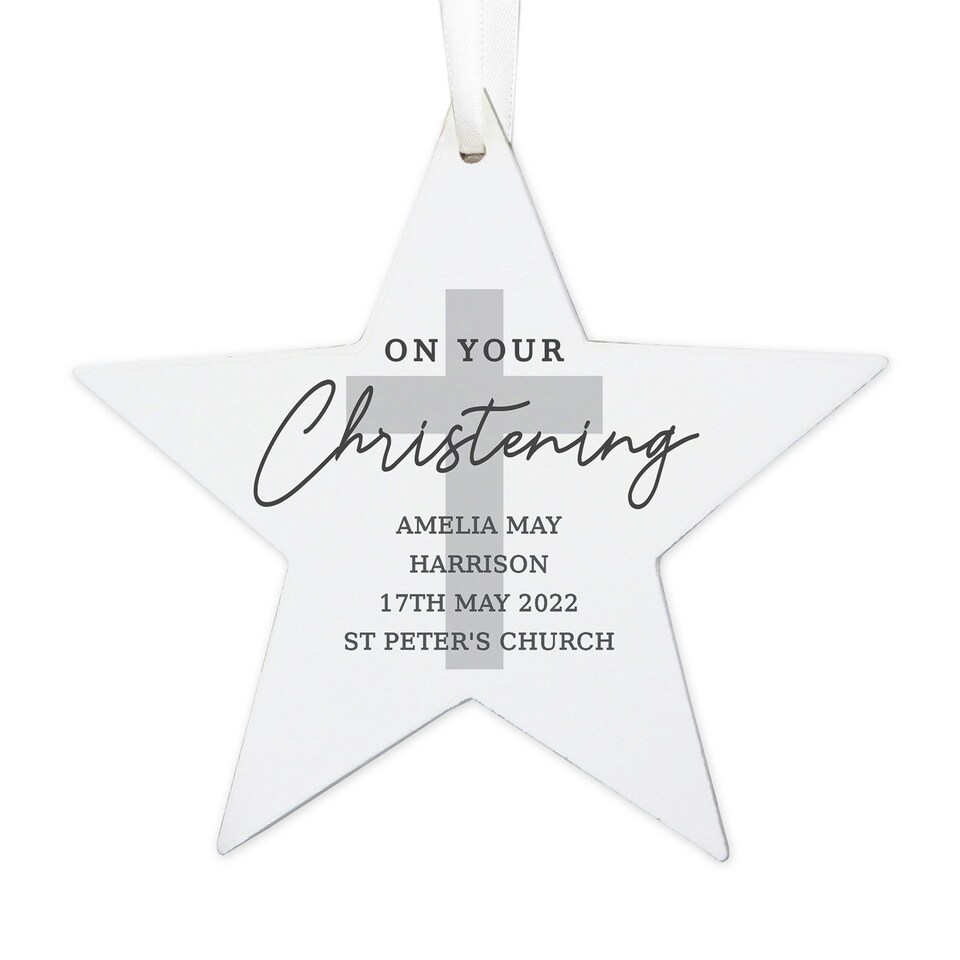 image 1 of Personalised On Your Christening Wooden Star Decoration