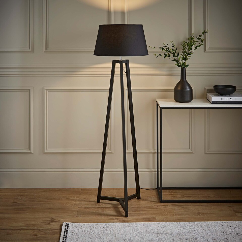 image 1 of ValueLights Lottie Black Wood Tripod Floor Lamp Black Taper Shade