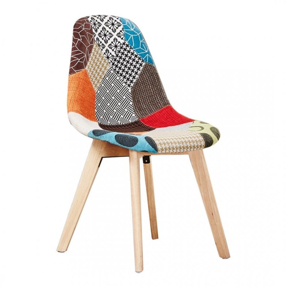 image 1 of Single Patchwork Multi Colors Fabric Dining Chair with Wooden Legs, Mid-Century Modern Accent Chair Multi
