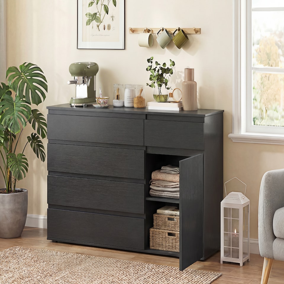 image 1 of HOMCOM Sideboard Storage Cabinet, Kitchen Cupboard with 5 Drawers | Black | Black embossed